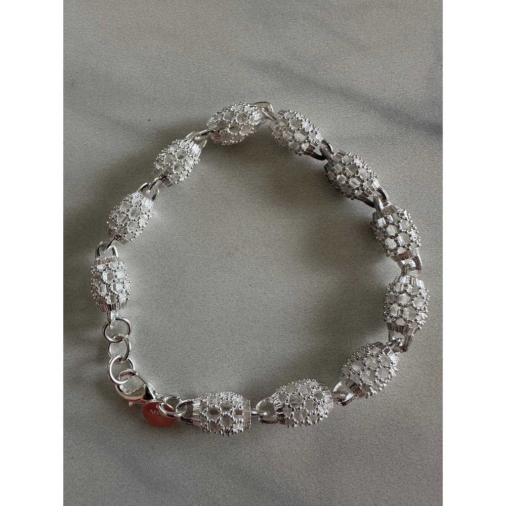 Sterling Silver S925 Filigree Cage Link Bracelet Textured Mesh Oval Beads 7.5"